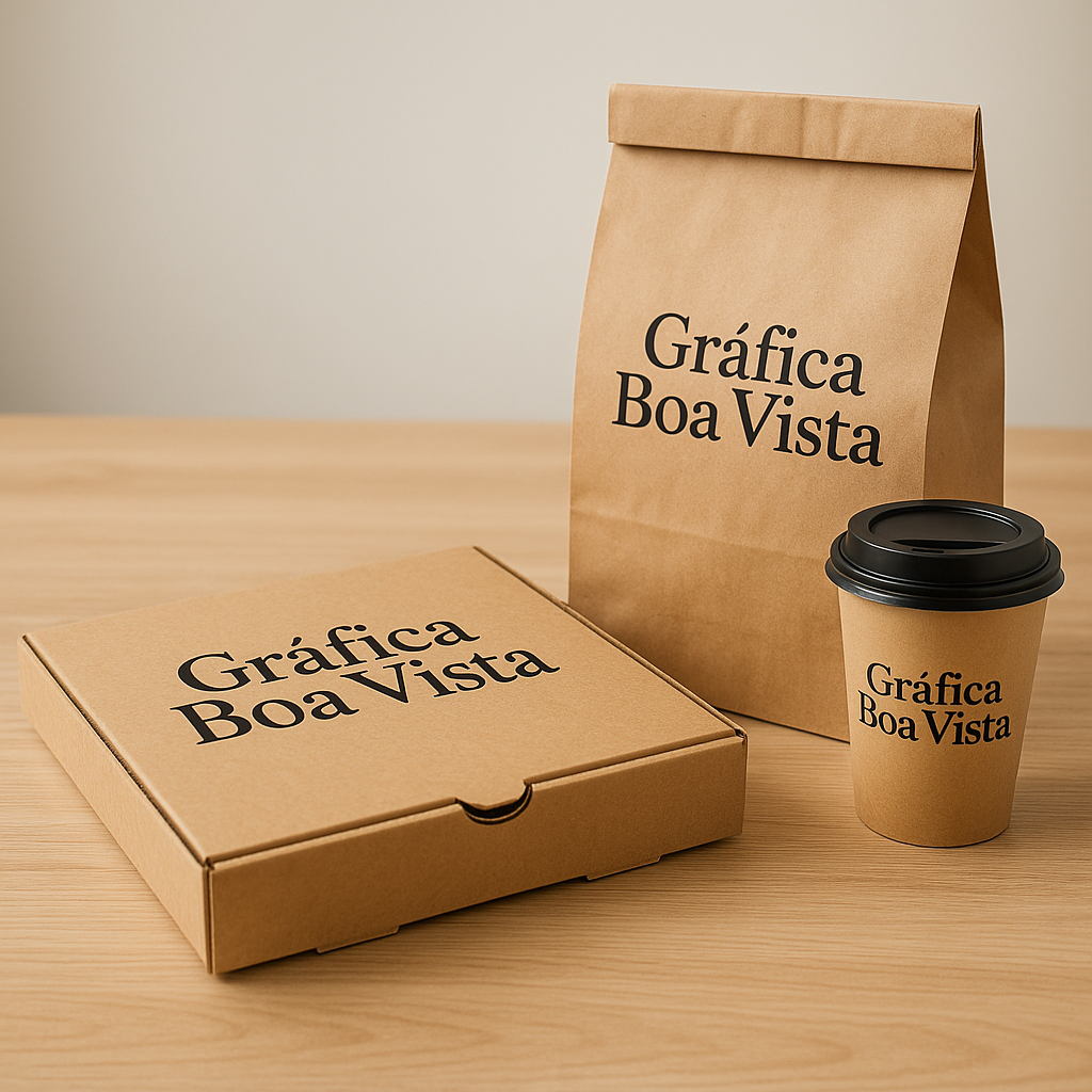 Embalagens para delivery personalizadas organizadas em uma gráfica, com foco em custo-benefício e apresentação profissional
