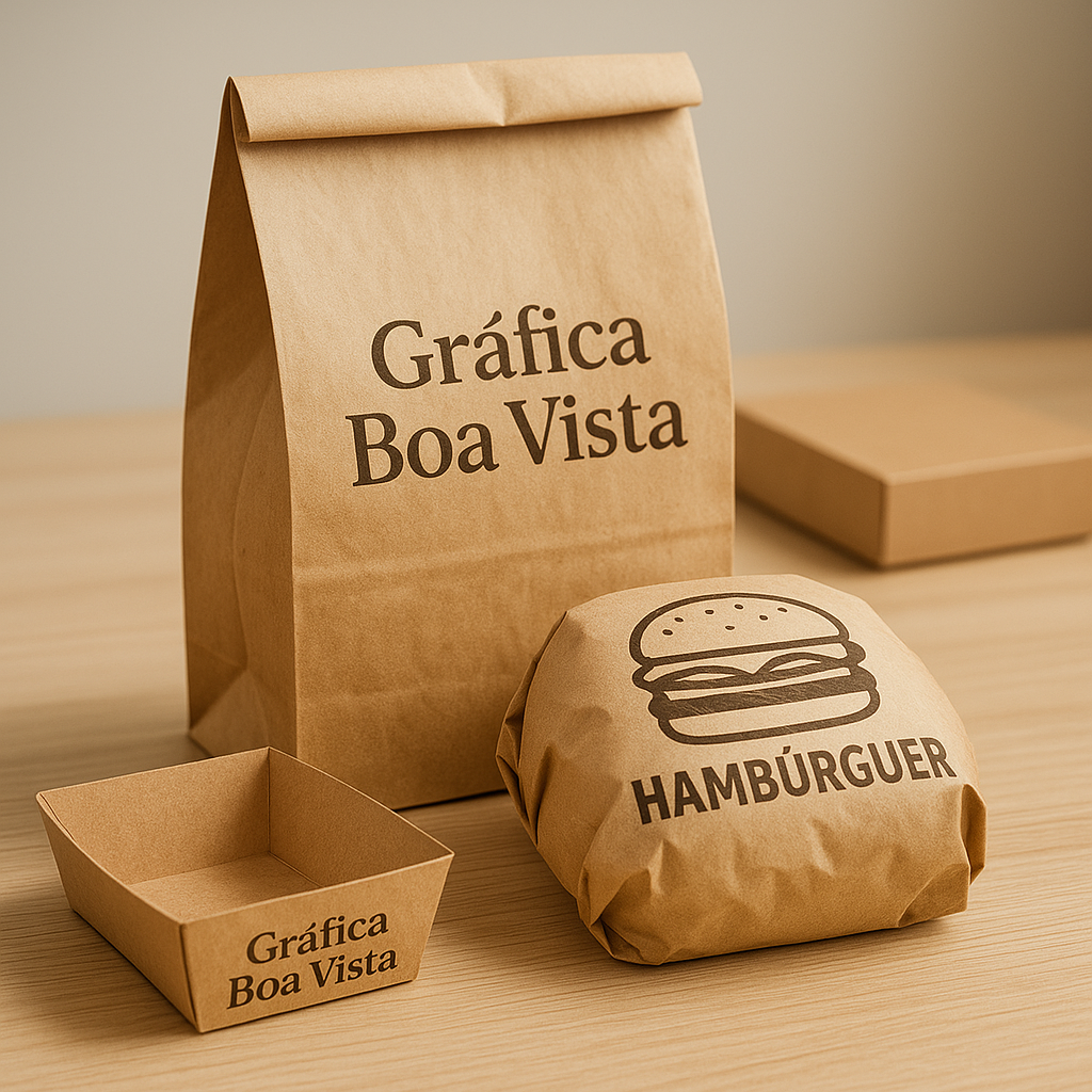 Embalagem para hambúrguer personalizada em papel kraft sobre mesa de restaurante