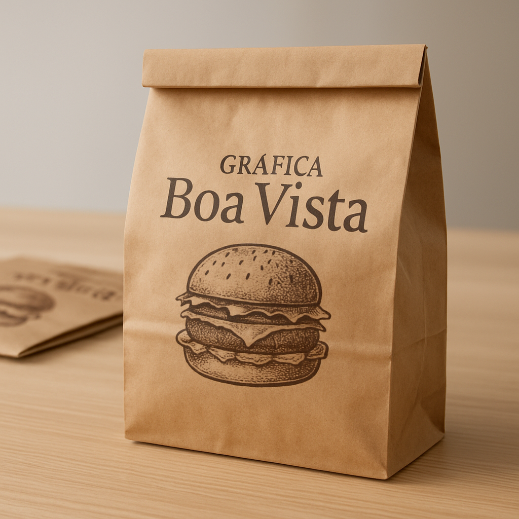Embalagem para hambúrguer personalizada em papel kraft sobre mesa de restaurante