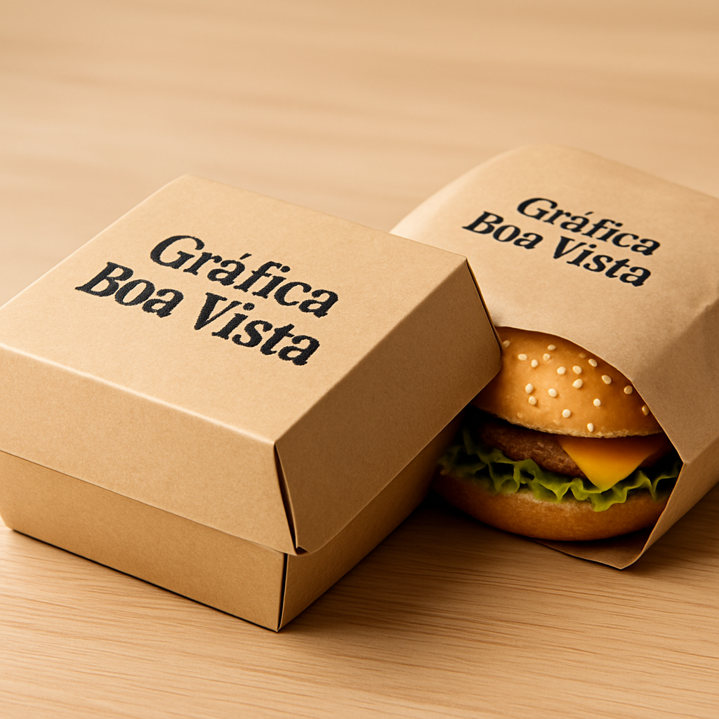 Embalagem para hambúrguer personalizada em papel kraft sobre mesa de restaurante