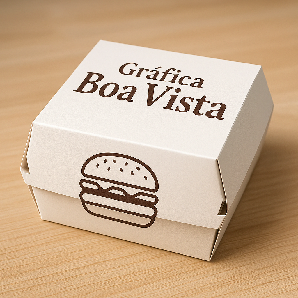 Embalagem para hambúrguer personalizada em ambiente profissional com caixas e wrappers de lanche