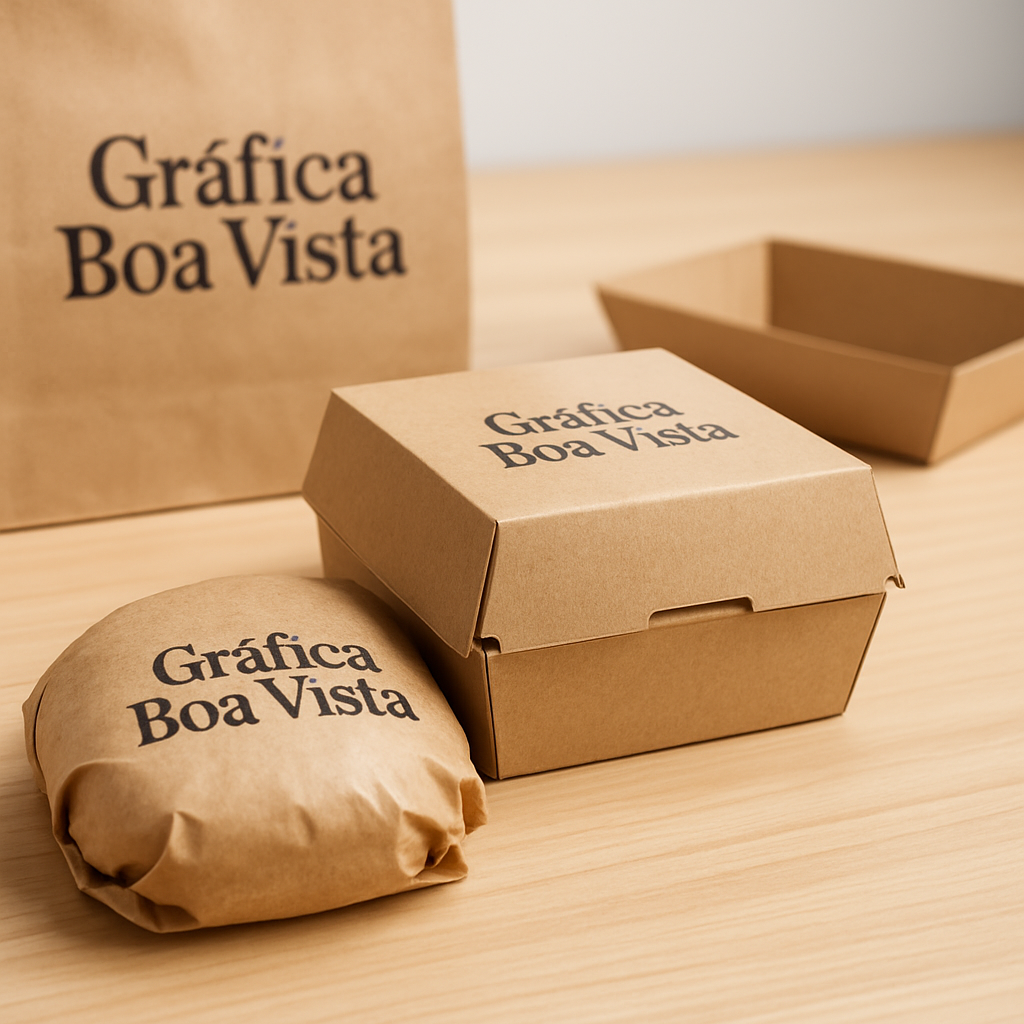 Embalagem para hambúrguer personalizada em ambiente profissional com caixas e wrappers de lanche