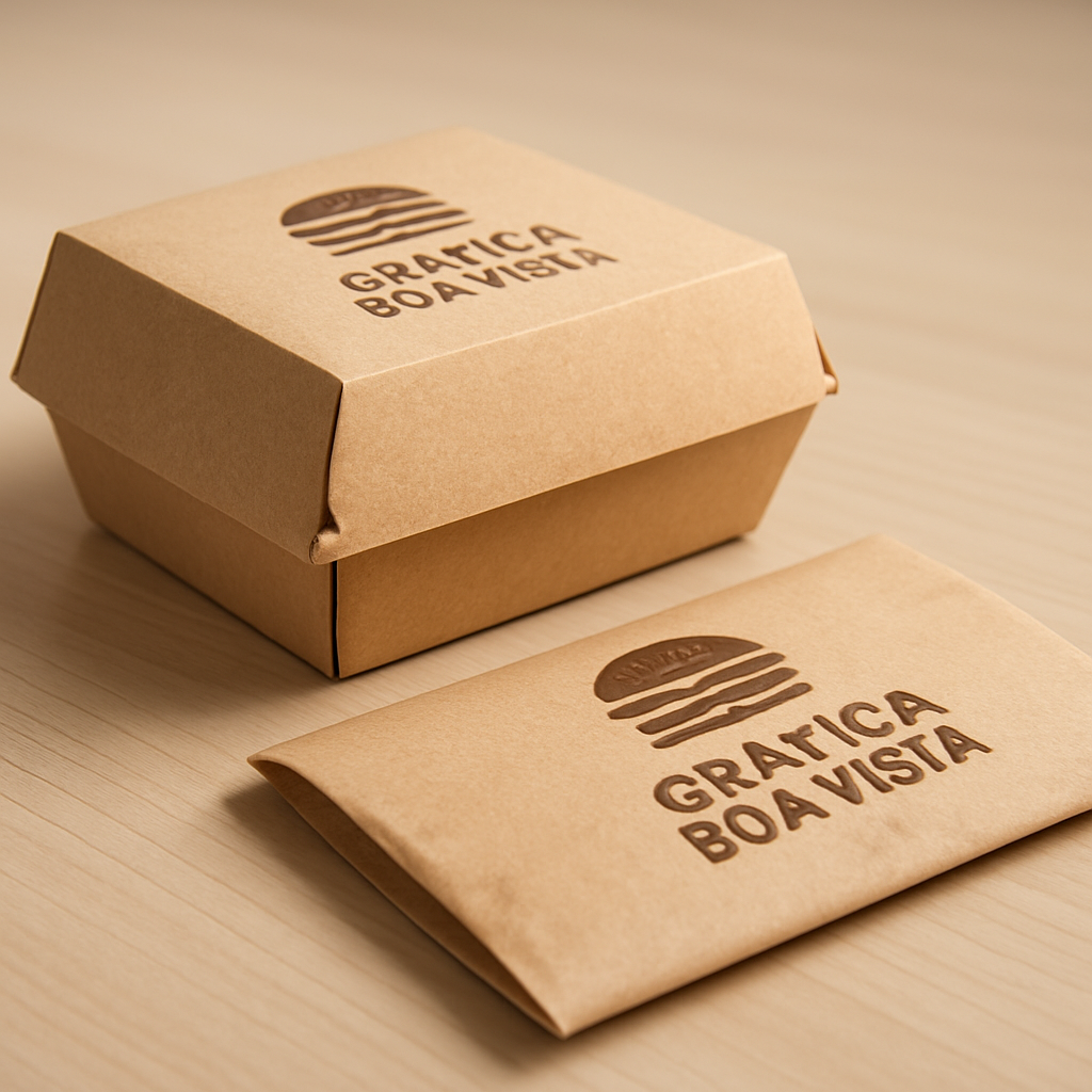 Embalagem para hambúrguer personalizada em ambiente profissional com caixas e wrappers de lanche