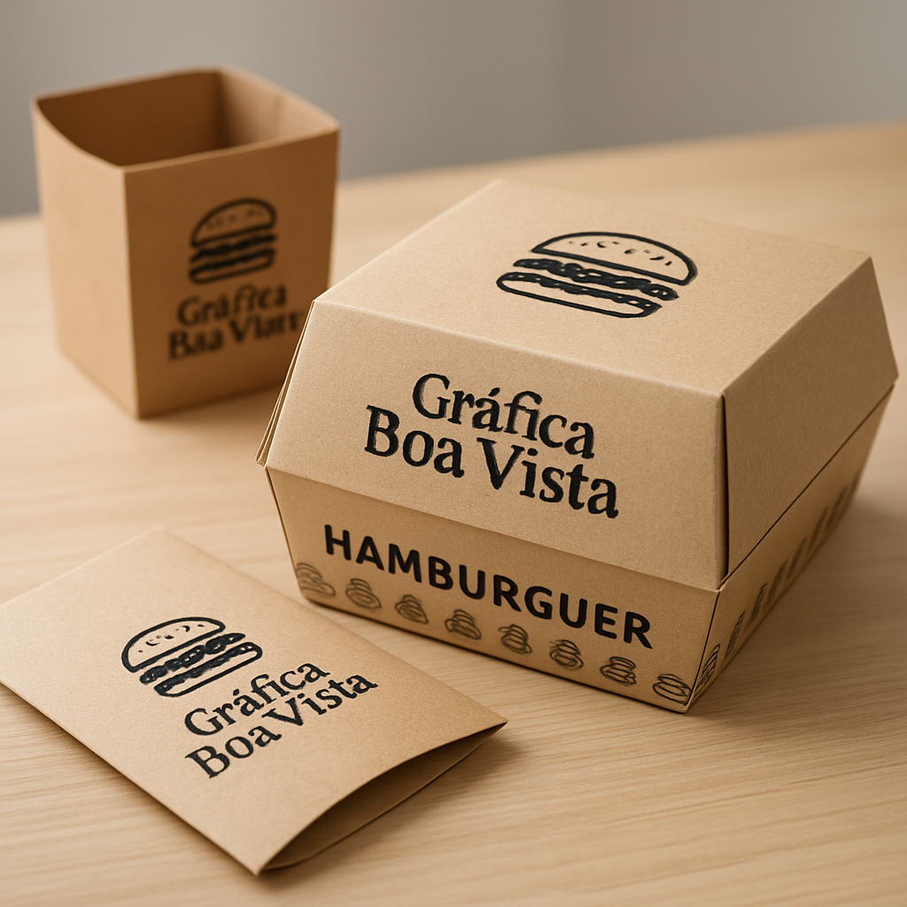 Embalagem personalizada para hambúrguer com visual profissional em ambiente de restaurante