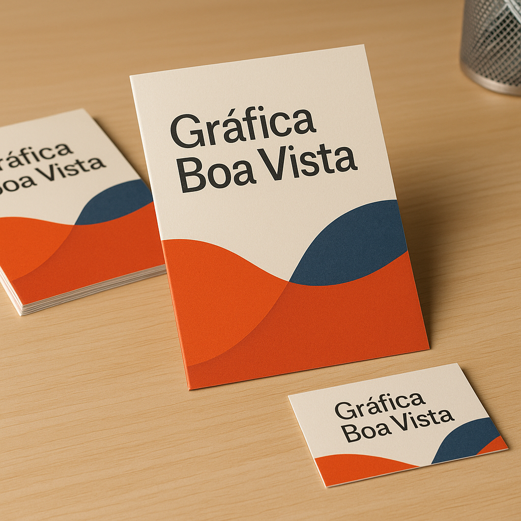 Encarte promocional sendo avaliado em uma gráfica em Curitiba com amostras de papel e layout comercial