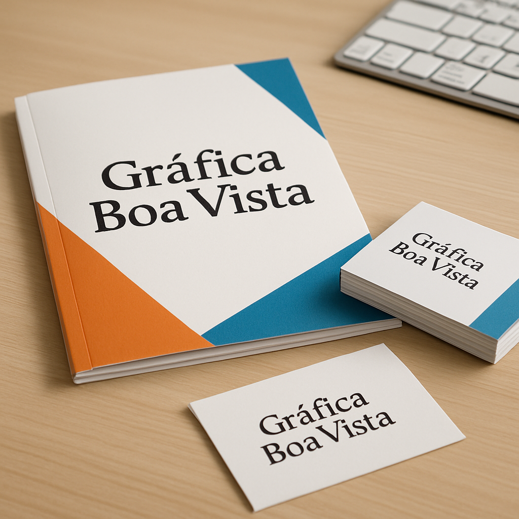 Encarte promocional sendo avaliado em uma gráfica em Curitiba com amostras de papel e layout comercial