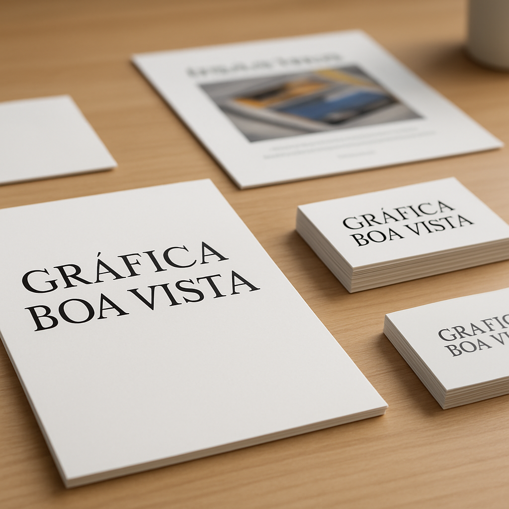 Filipetas impressas em uma gráfica de Curitiba, organizadas sobre uma bancada profissional