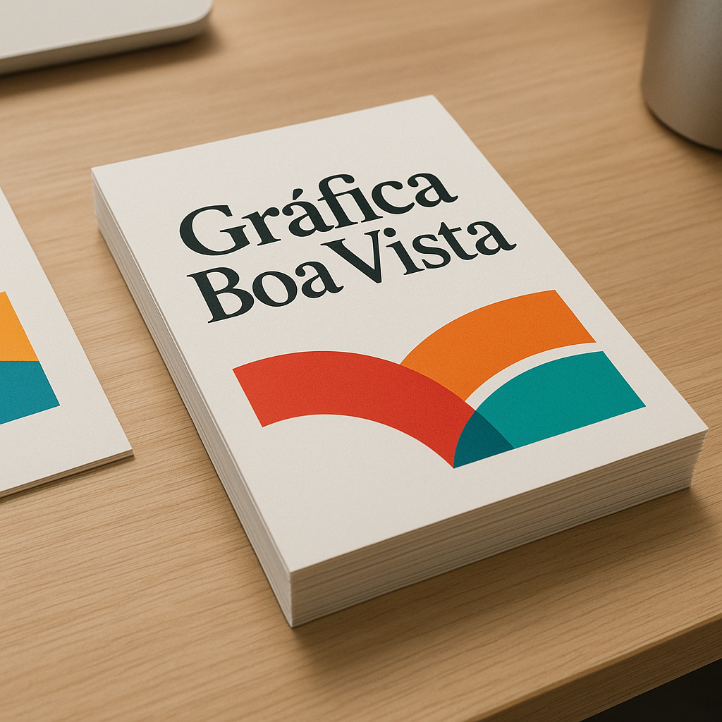 Pilha de filipetas personalizadas impressas em uma mesa de gráfica, com visual profissional