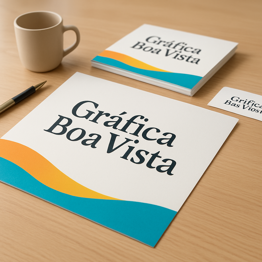 Pilha de filipetas personalizadas impressas em uma mesa de gráfica, com visual profissional