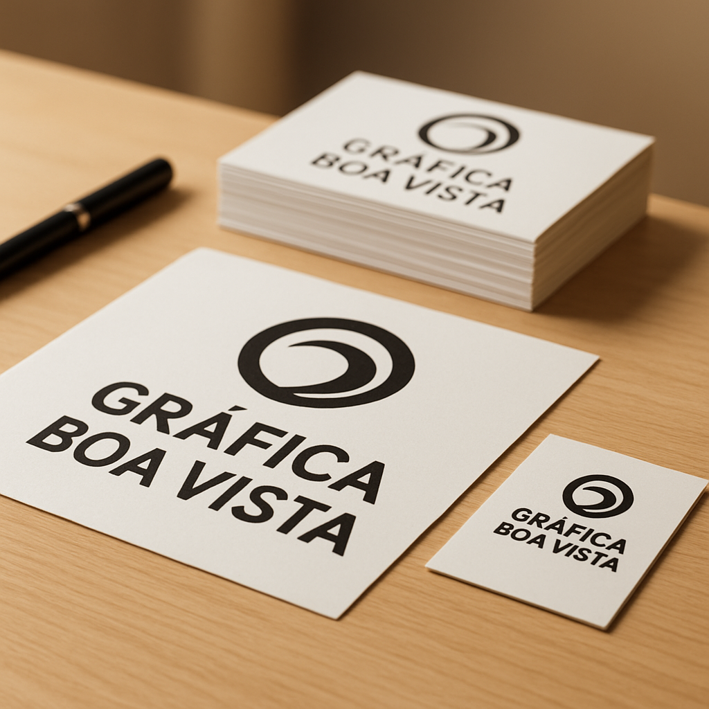 Pilha de filipetas personalizadas impressas em uma mesa de gráfica, com visual profissional