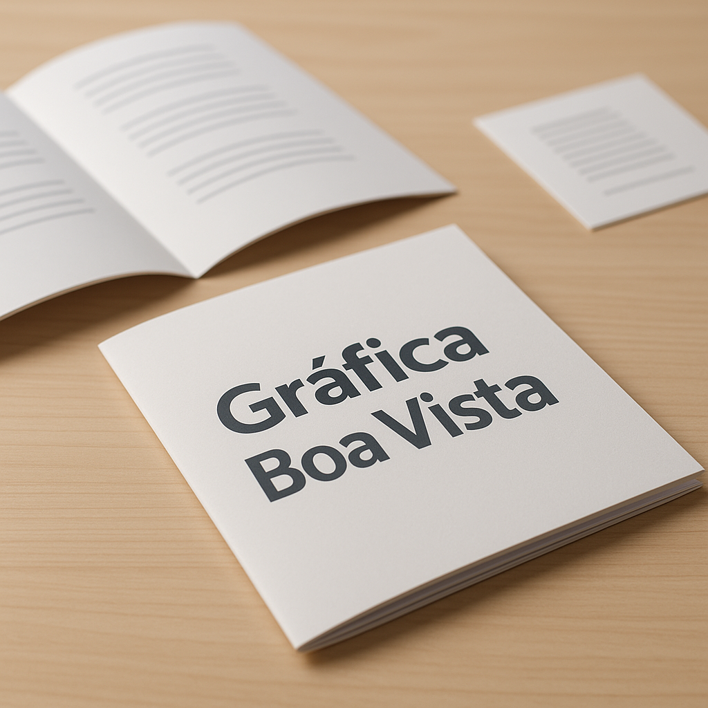 Folhetos explicativos impressos sobre uma mesa em gráfica profissional, com amostras de papel e ambiente de produção