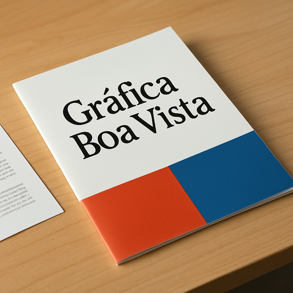 Folhetos explicativos impressos sobre uma mesa em gráfica profissional, com amostras de papel e ambiente de produção