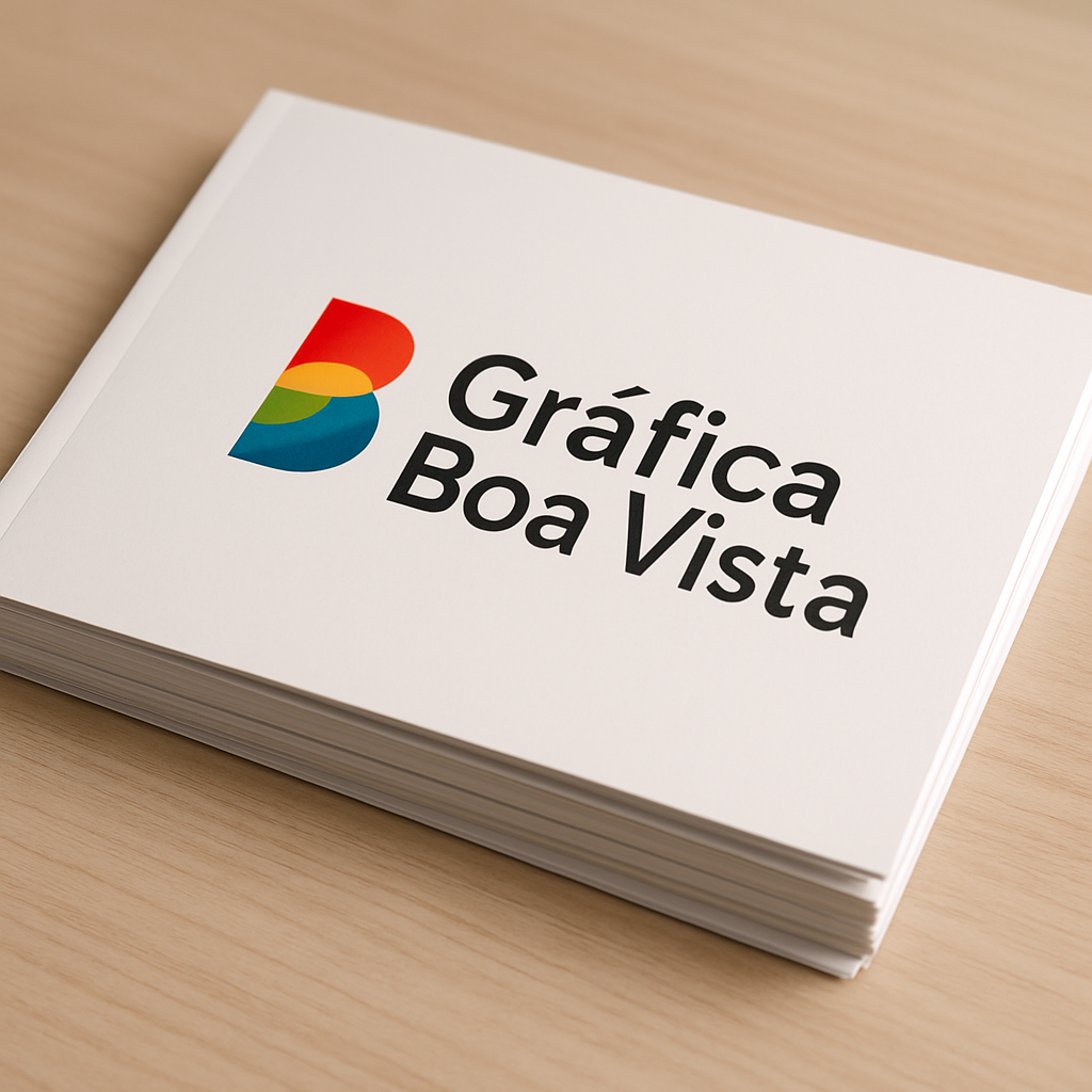 Folhetos explicativos impressos sobre uma mesa em gráfica profissional, com amostras de papel e ambiente de produção