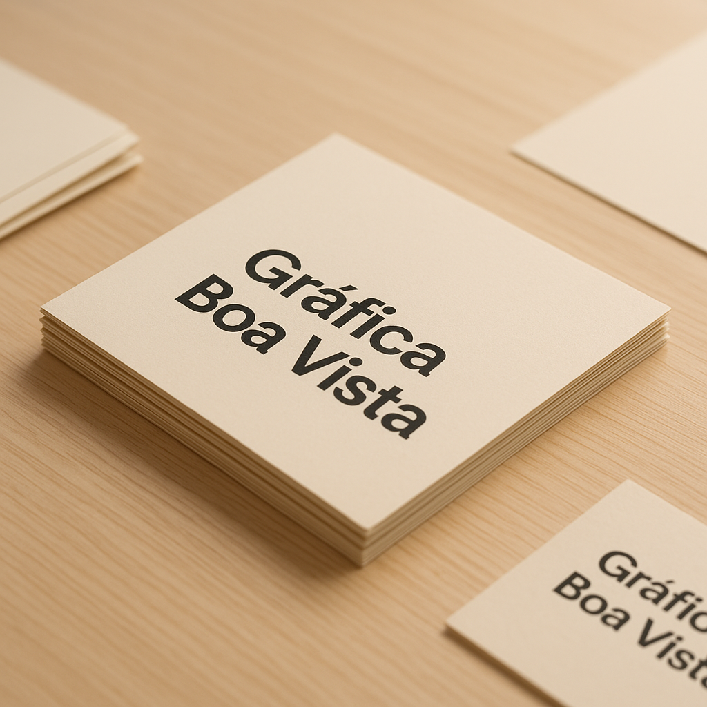 Folhetos impressos sobre uma mesa em gráfica de Curitiba, com designer revisando a arte no computador