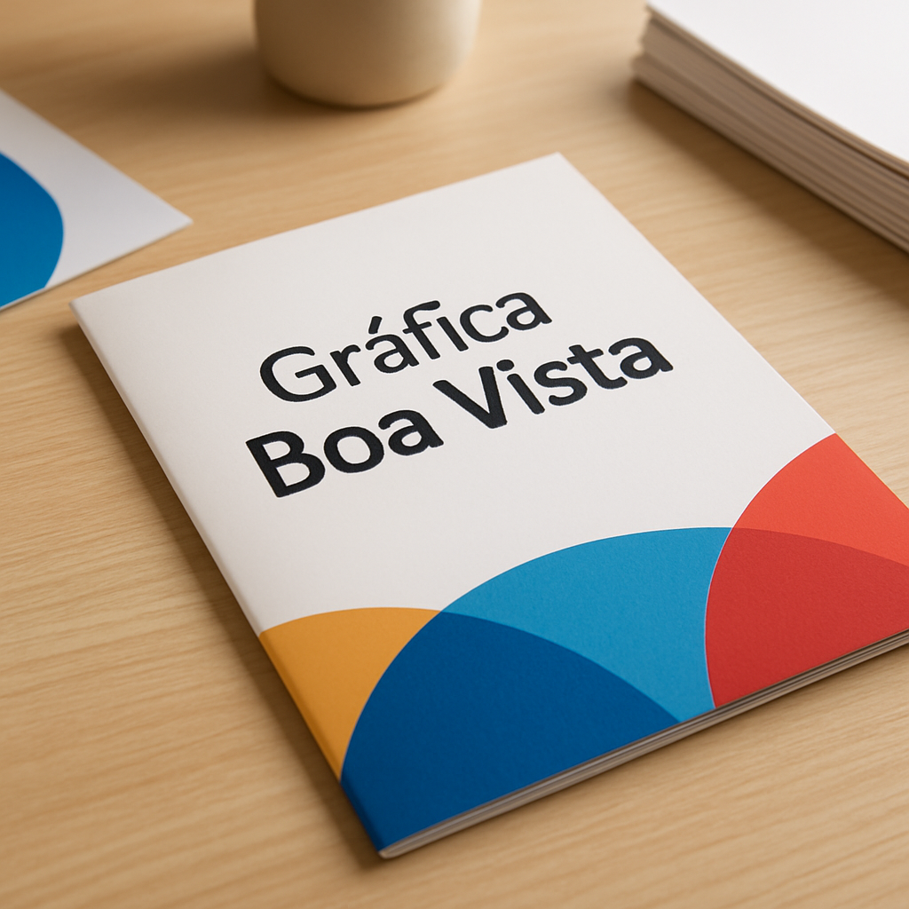 Folhetos impressos sobre uma mesa em gráfica de Curitiba, com designer revisando a arte no computador