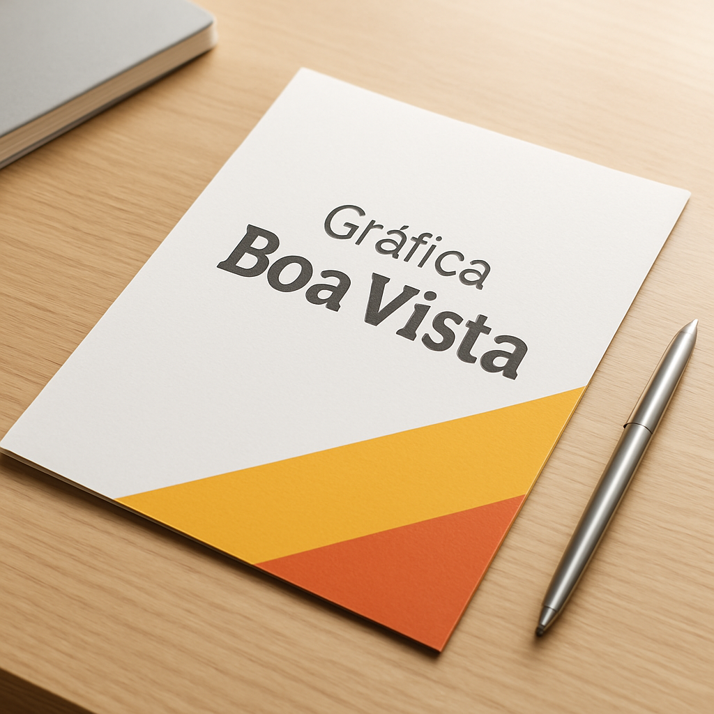 Folhetos impressos sobre uma mesa em gráfica de Curitiba, com designer revisando a arte no computador