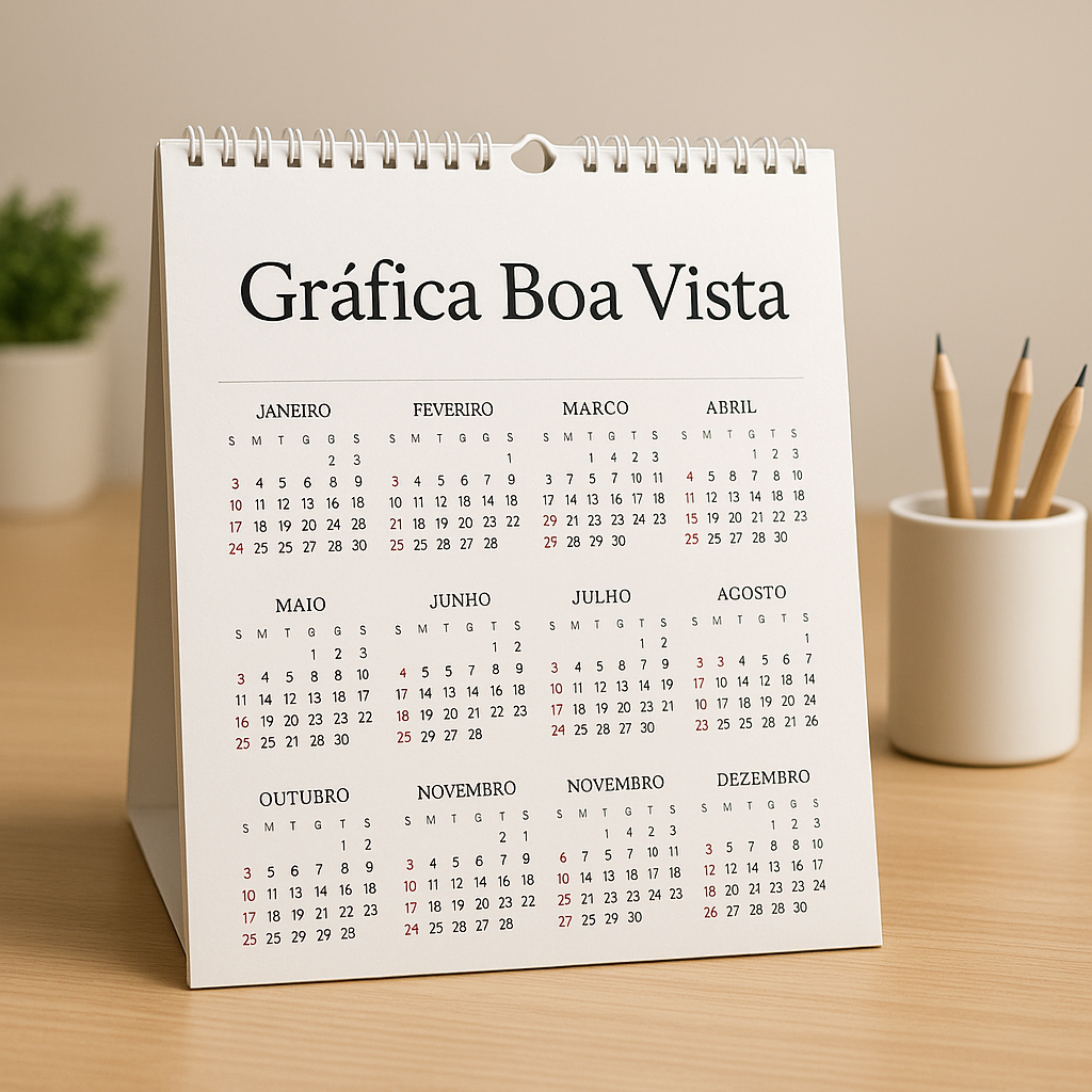 Folhinha de Parede impressa em ambiente de gráfica em Curitiba, sobre mesa de atendimento profissional