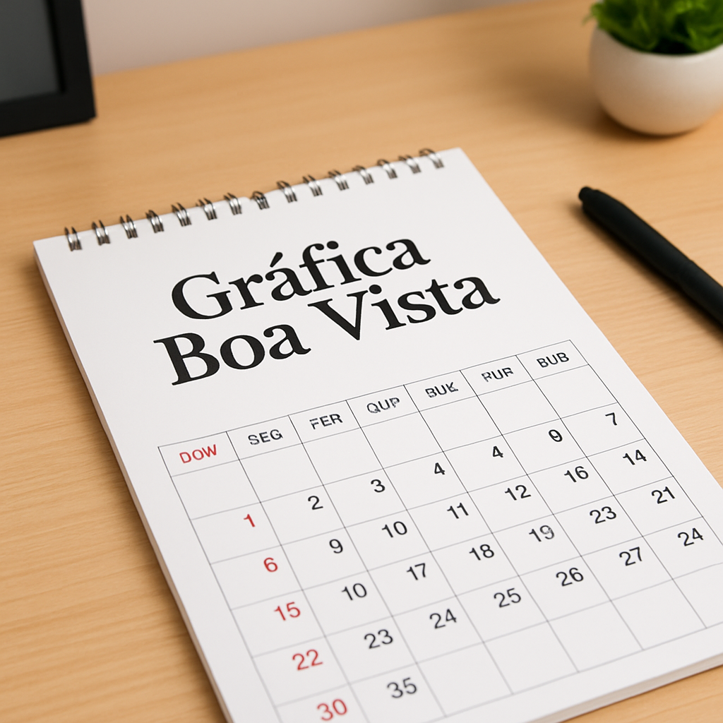 Folhinha de Parede impressa em ambiente de gráfica em Curitiba, sobre mesa de atendimento profissional