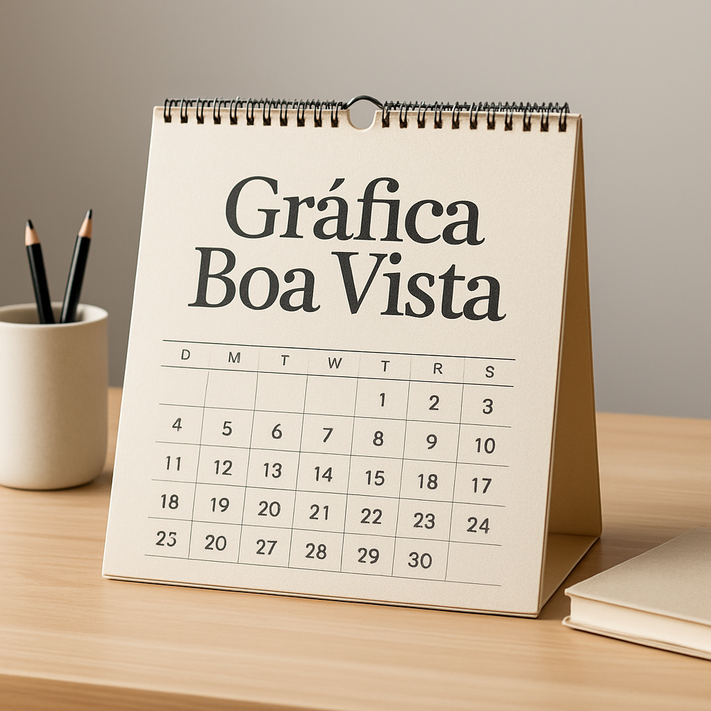 Folhinha de Parede impressa em ambiente de gráfica em Curitiba, sobre mesa de atendimento profissional