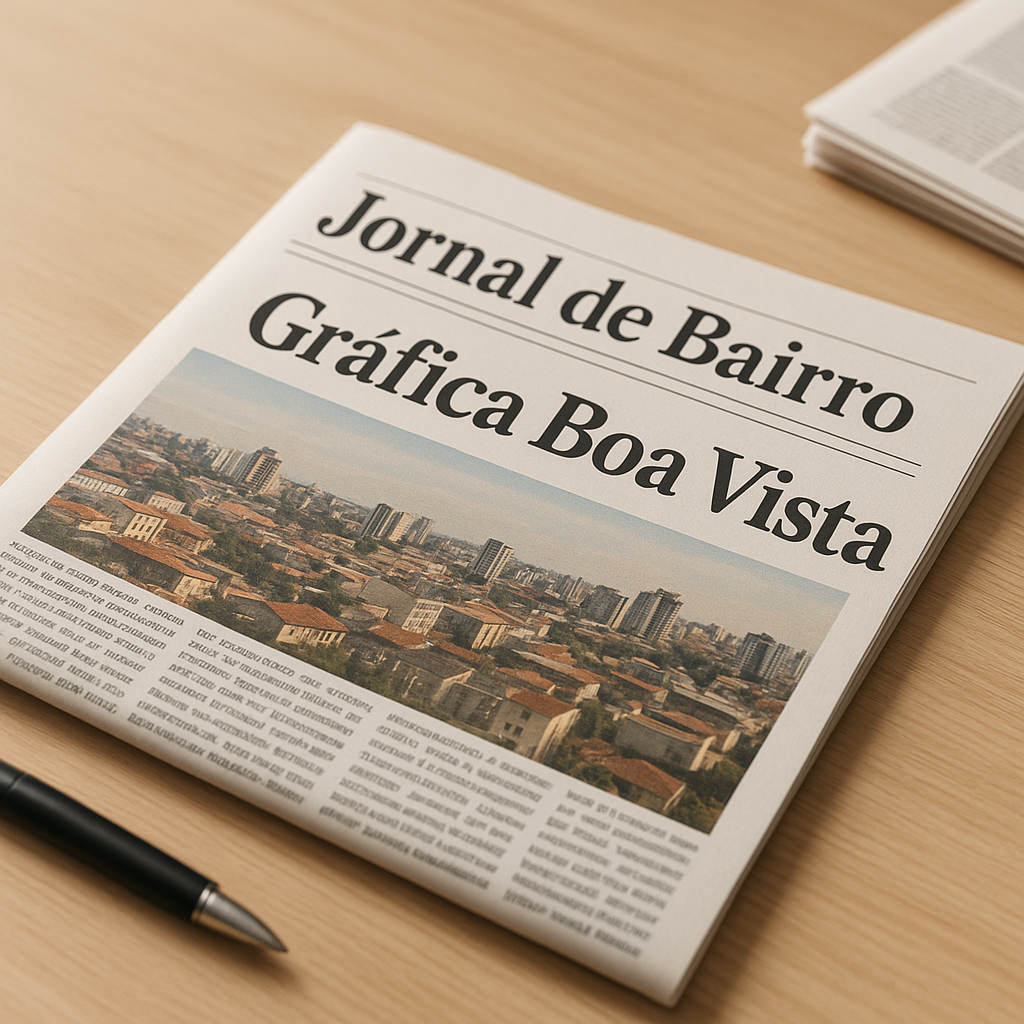 Jornal de bairro sendo revisado em uma gráfica para divulgação de clínica e consultório