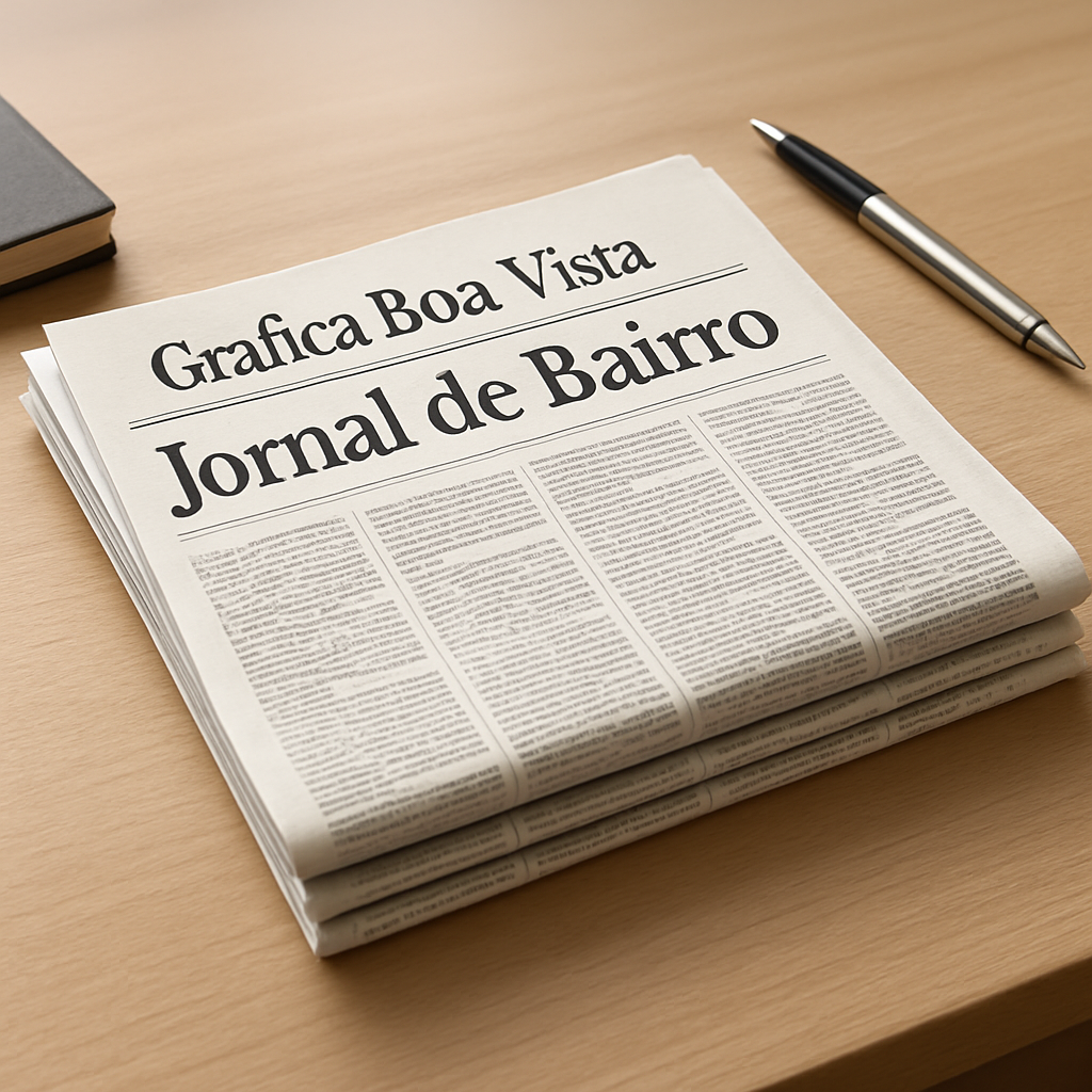 Jornal de bairro sendo revisado em uma gráfica para divulgação de clínica e consultório
