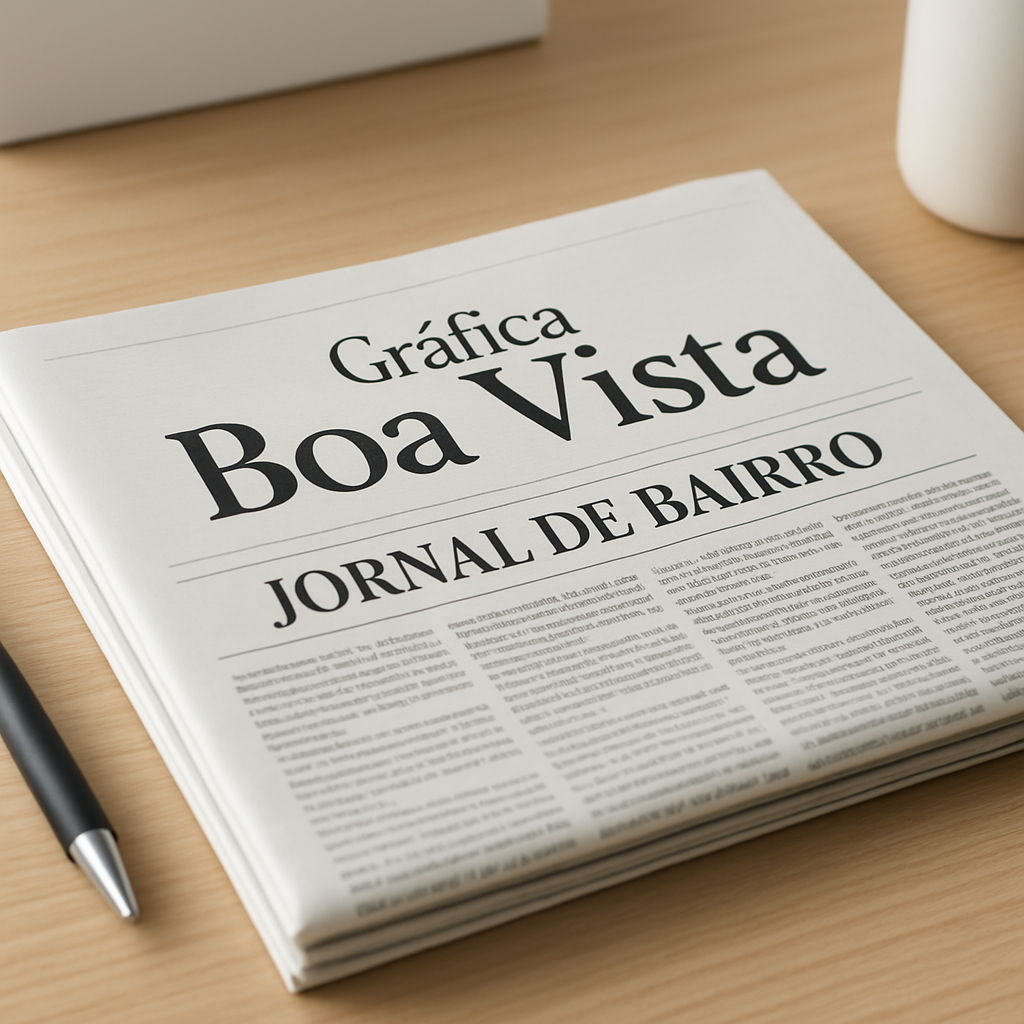 Jornal de bairro sendo revisado em uma gráfica para divulgação de clínica e consultório