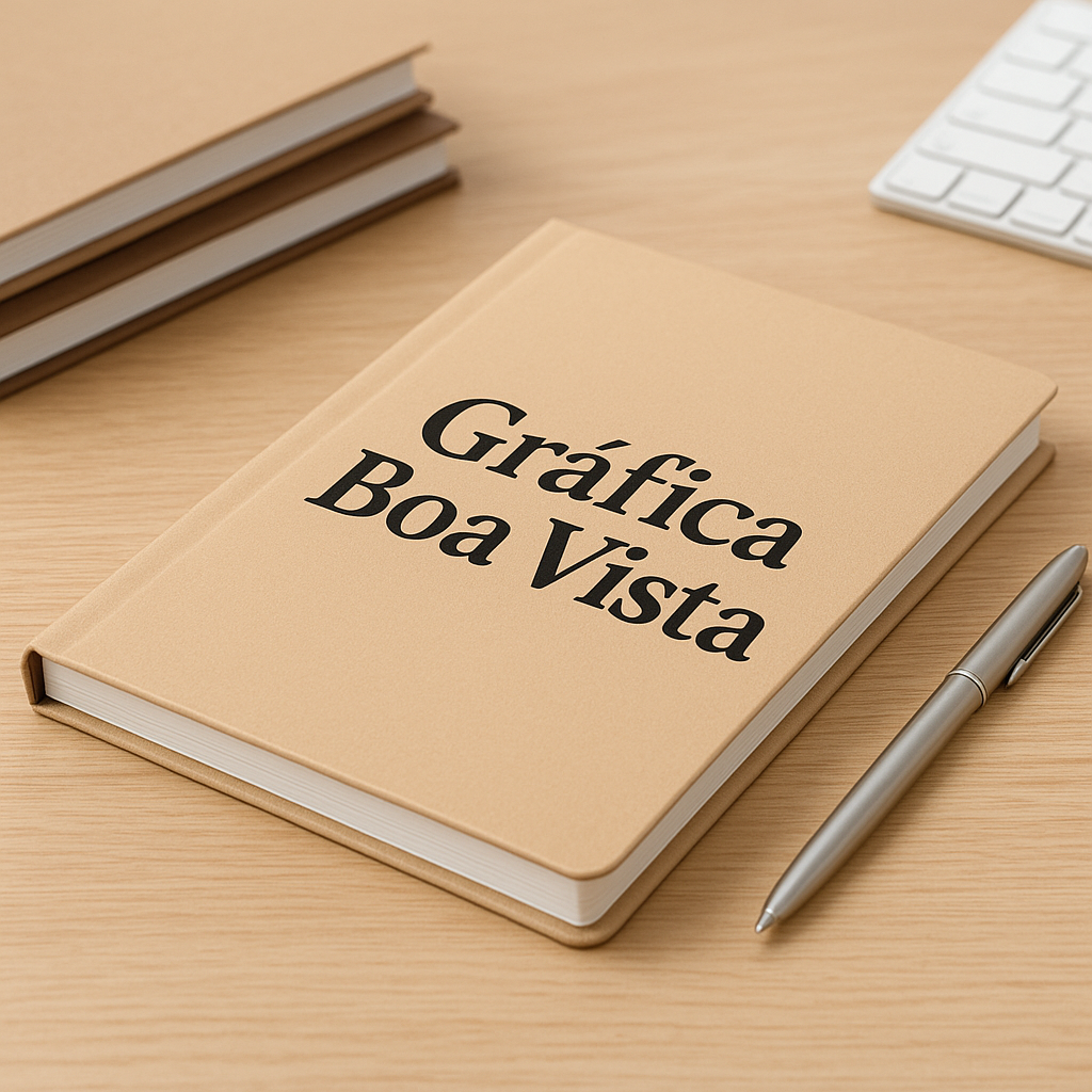 Jornais personalizados impressos em uma gráfica de Curitiba, sobre mesa de produção, com máquinas ao fundo