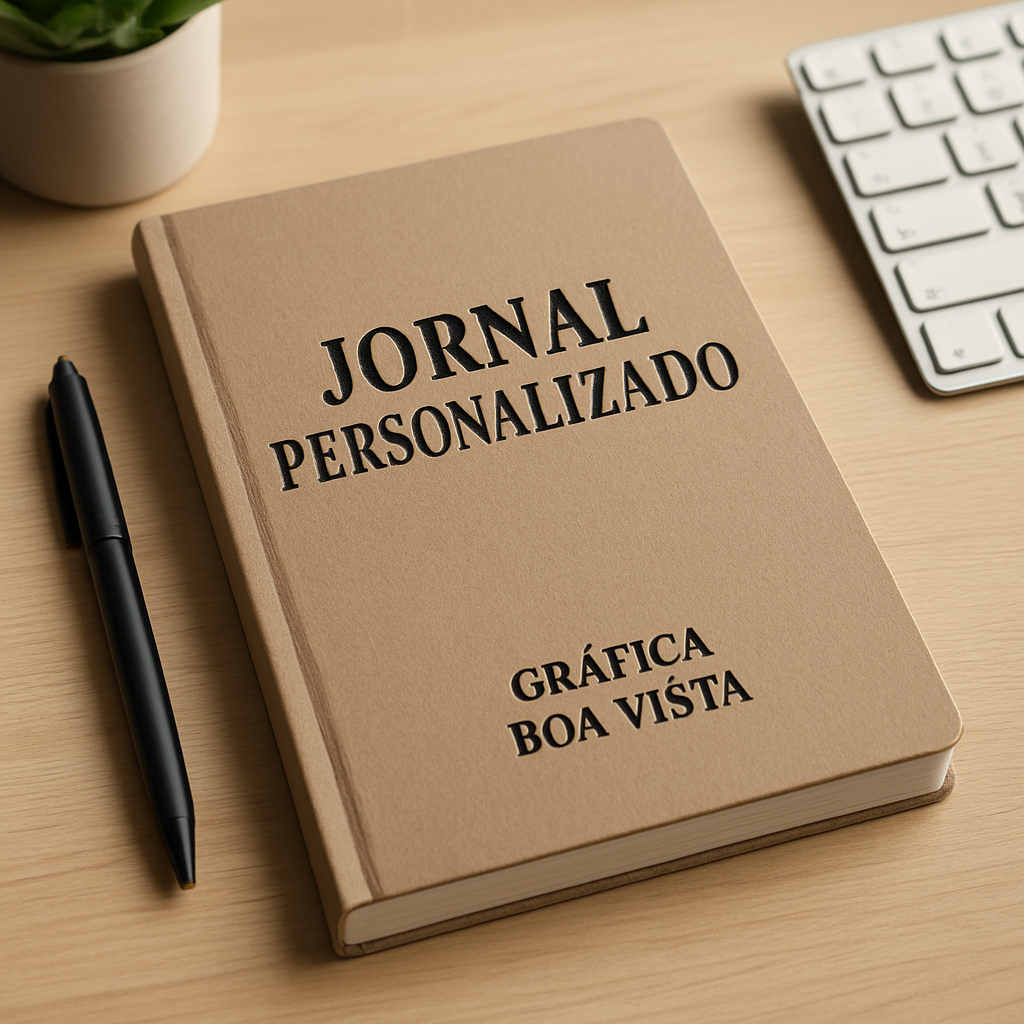 Jornais personalizados impressos em uma gráfica de Curitiba, sobre mesa de produção, com máquinas ao fundo