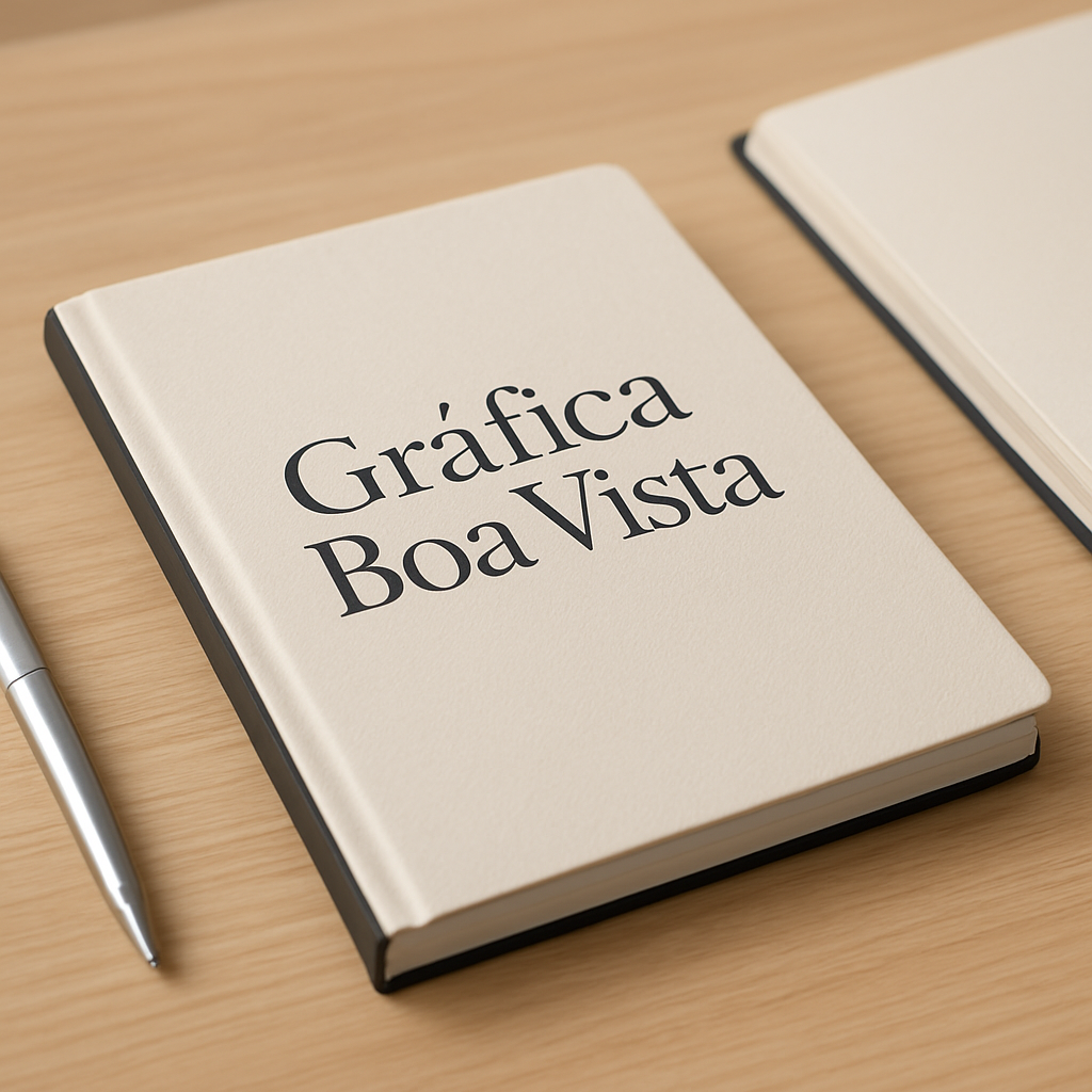 Jornais personalizados impressos em uma gráfica de Curitiba, sobre mesa de produção, com máquinas ao fundo