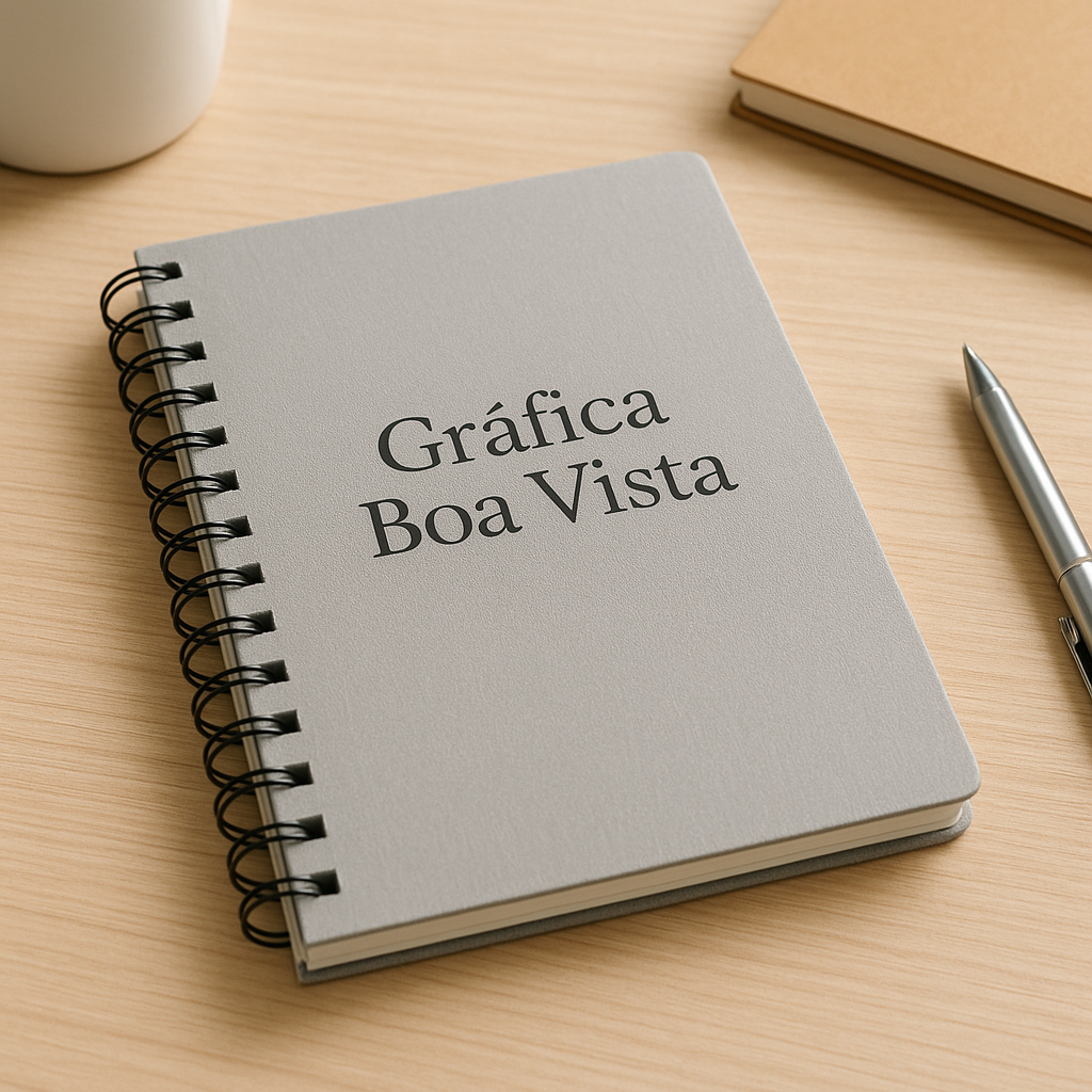 Caderno personalizado sobre a recepção de uma clínica, com visual profissional e acabamento premium