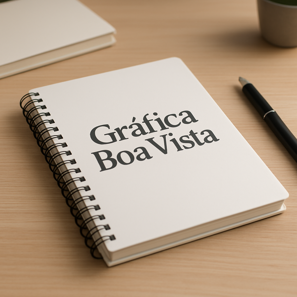 Caderno personalizado sobre a recepção de uma clínica, com visual profissional e acabamento premium