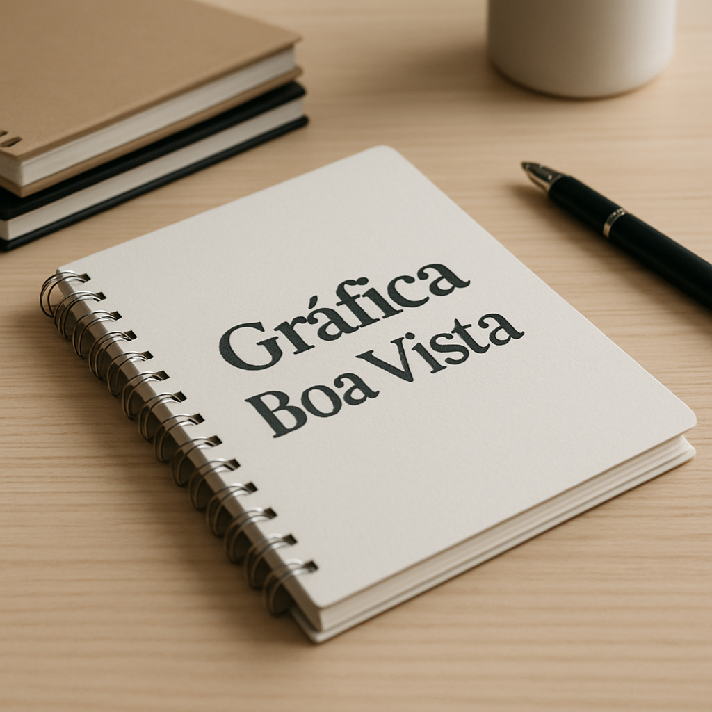 Caderno personalizado sobre a recepção de uma clínica, com visual profissional e acabamento premium