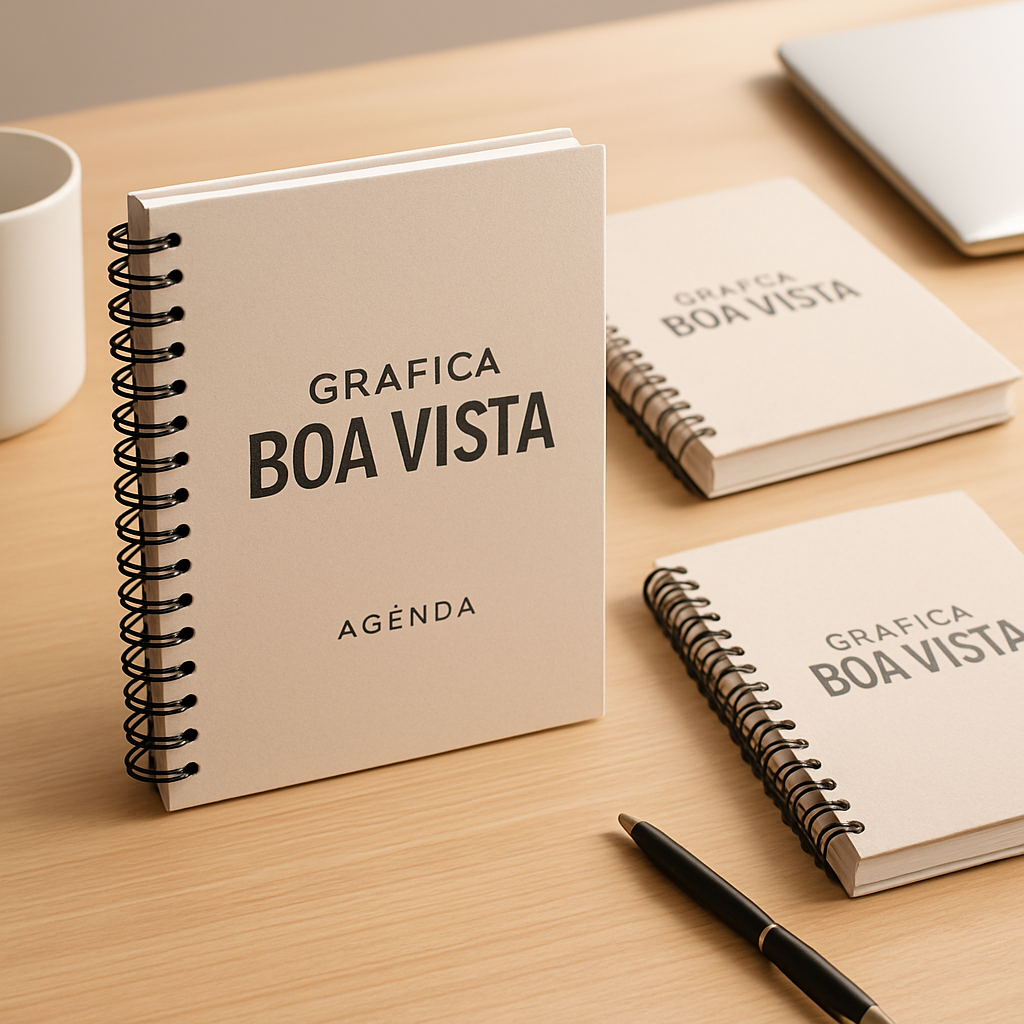 Agenda personalizada em Curitiba produzida pela Gráfica Boa Vista sobre uma mesa de trabalho