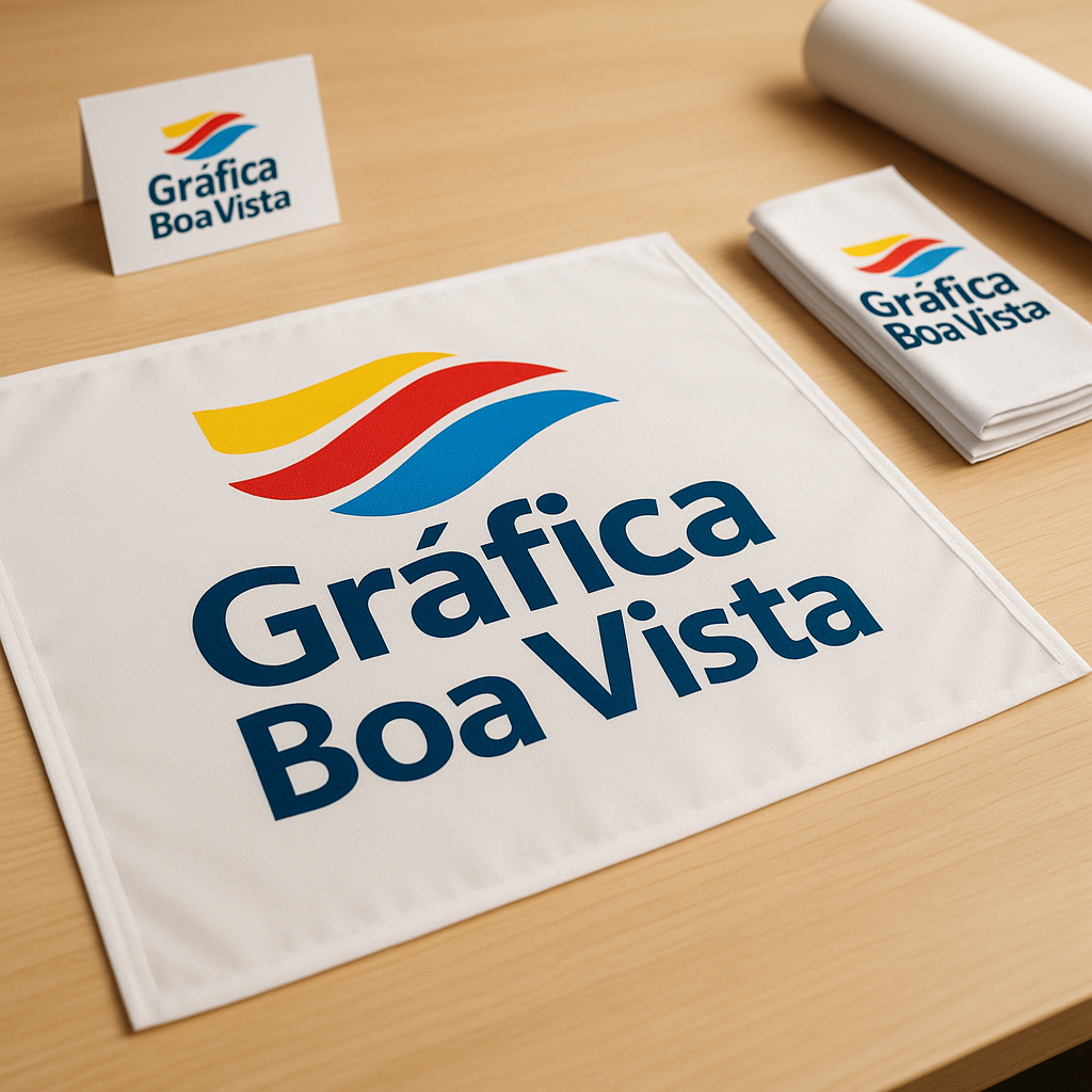 Bandeira personalizada produzida em gráfica de Curitiba, com acabamento profissional e ambiente de impressão ao fundo