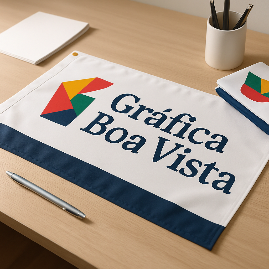 Bandeira personalizada produzida em gráfica de Curitiba, com acabamento profissional e ambiente de impressão ao fundo