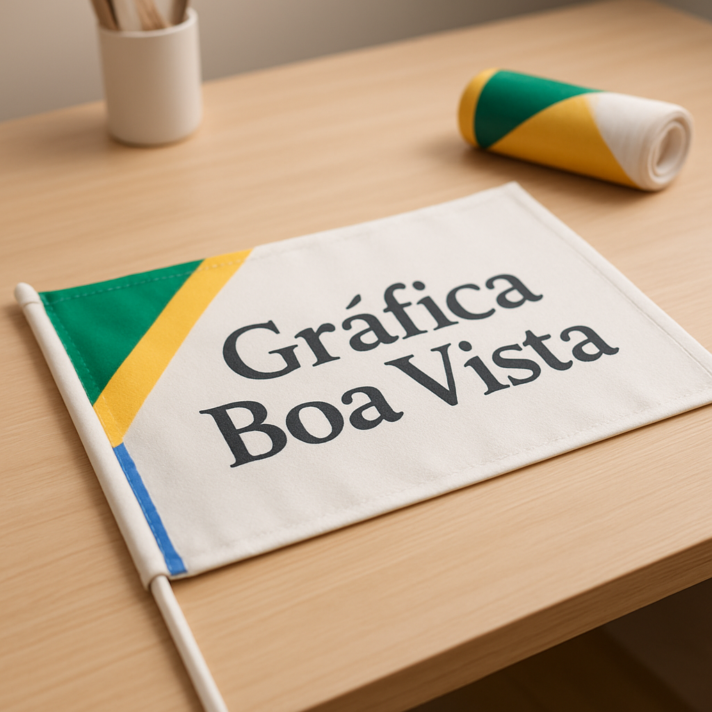 Bandeira personalizada produzida em gráfica de Curitiba, com acabamento profissional e ambiente de impressão ao fundo