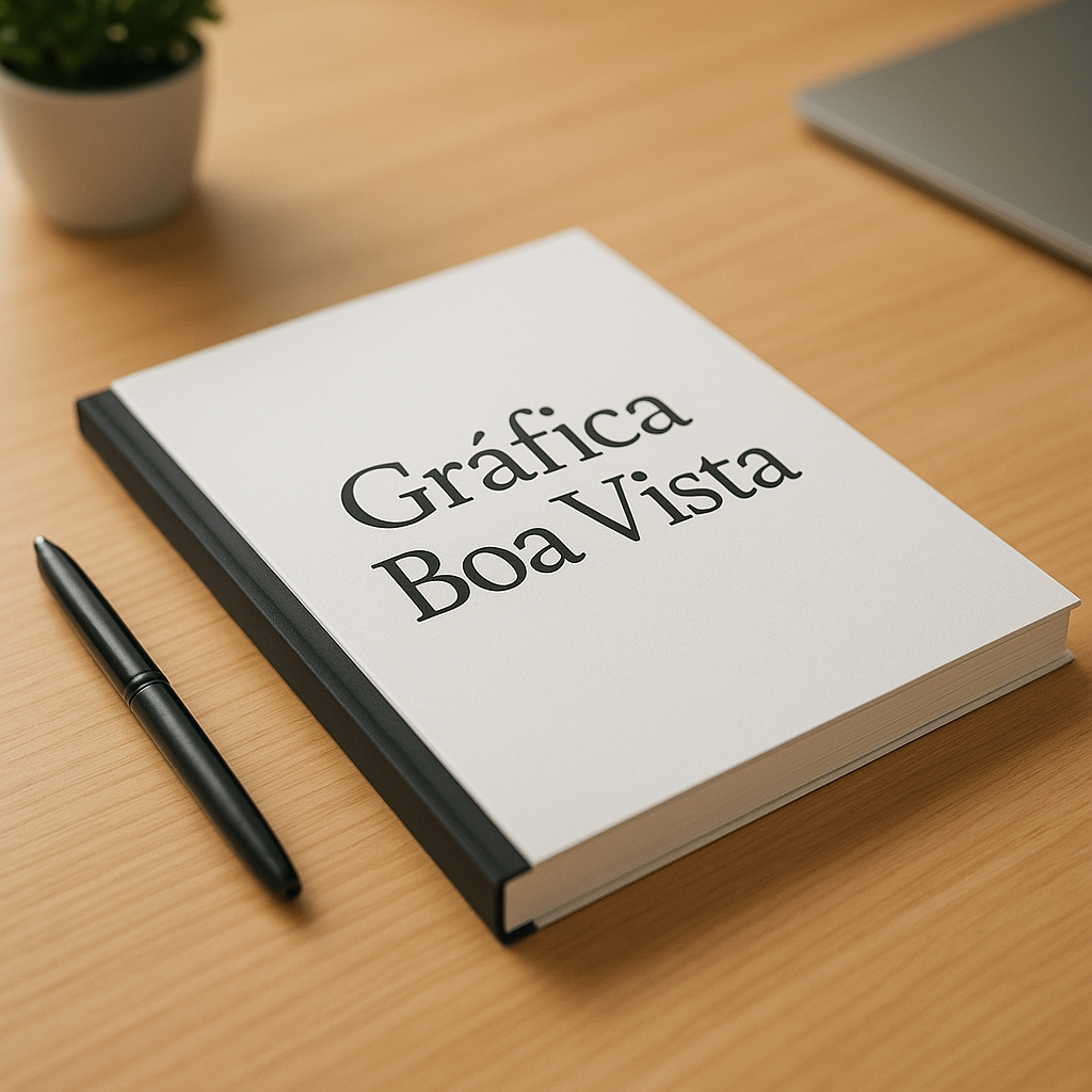 Cadernos brochura personalizados em uma mesa, com aparência profissional e ambiente corporativo em Curitiba