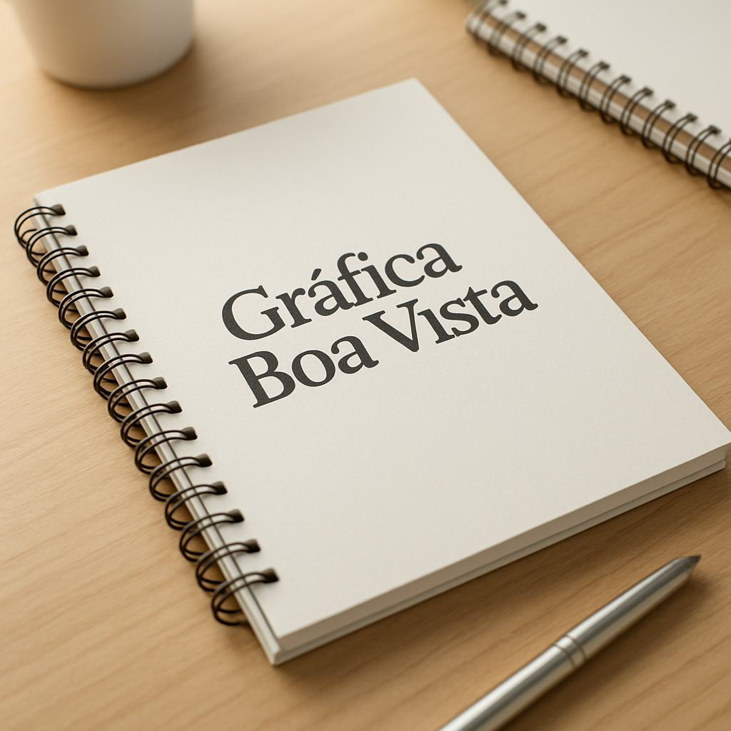 Cadernos brochura personalizados em uma mesa, com aparência profissional e ambiente corporativo em Curitiba