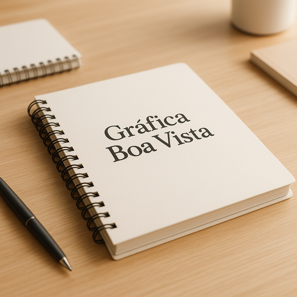 Caderno personalizado sobre mesa em ambiente de gráfica em Curitiba