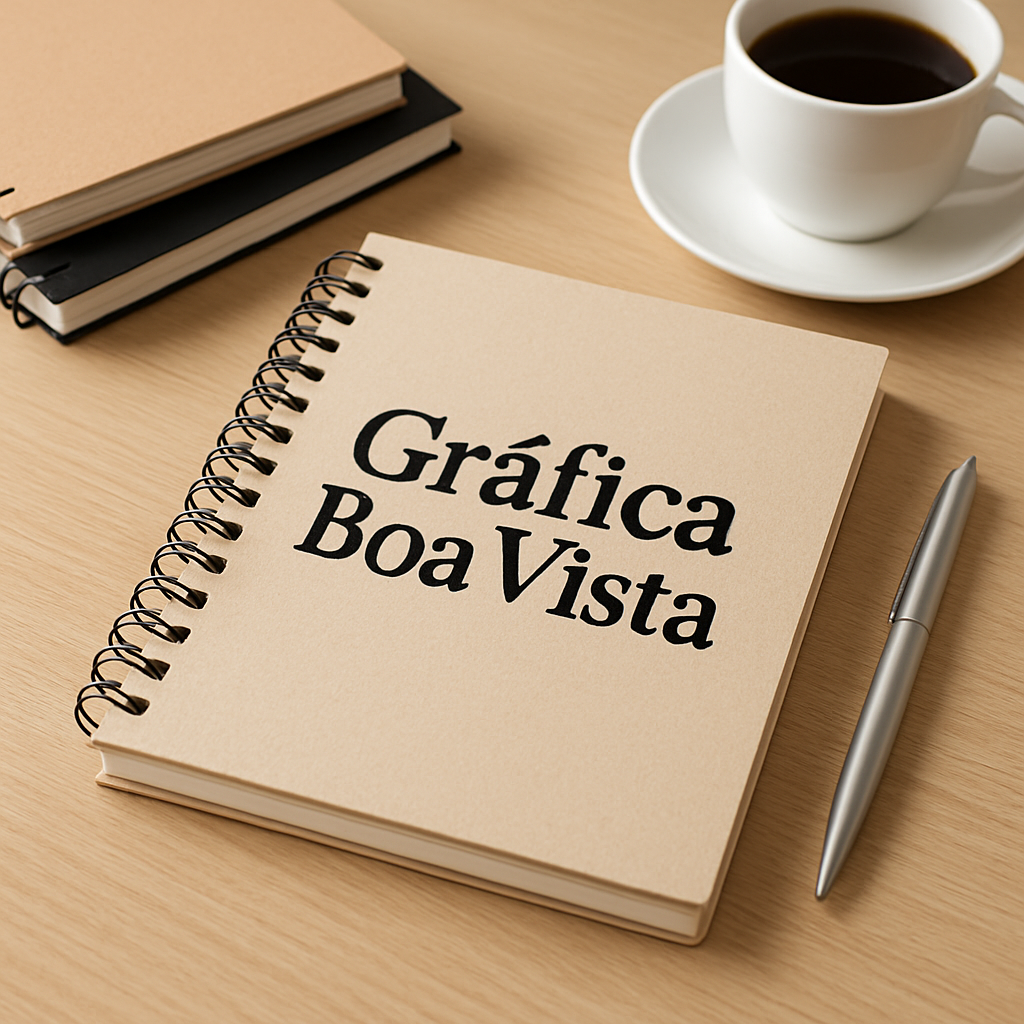 Caderno personalizado sobre mesa em ambiente de gráfica em Curitiba