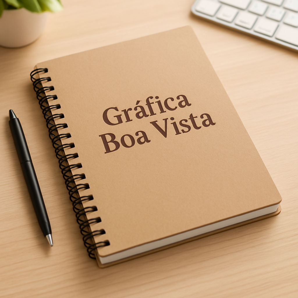 Caderno personalizado sobre mesa em ambiente de gráfica em Curitiba