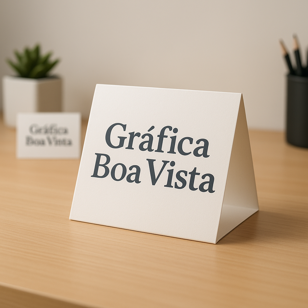 Display de Mesa personalizado em um balcão comercial, com visual profissional e ambiente de gráfica em Curitiba