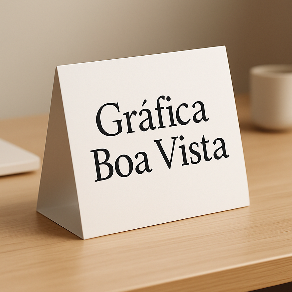 Display de Mesa personalizado em um balcão comercial, com visual profissional e ambiente de gráfica em Curitiba