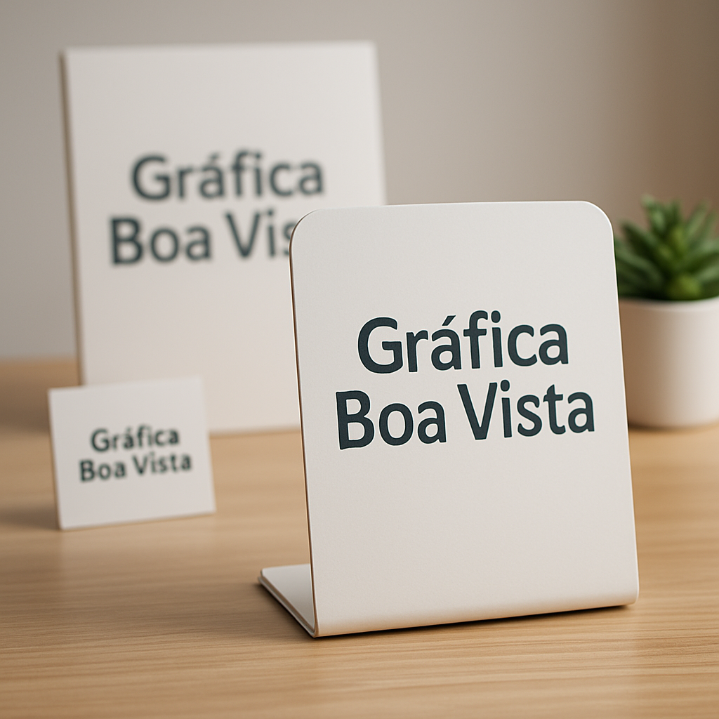 Display de Mesa personalizado em um balcão comercial, com visual profissional e ambiente de gráfica em Curitiba