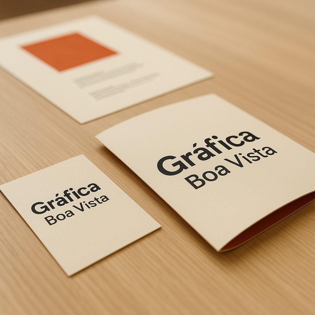 Gráfica em Curitiba com encarte promocional personalizado sobre a mesa e equipamentos de impressão ao fundo