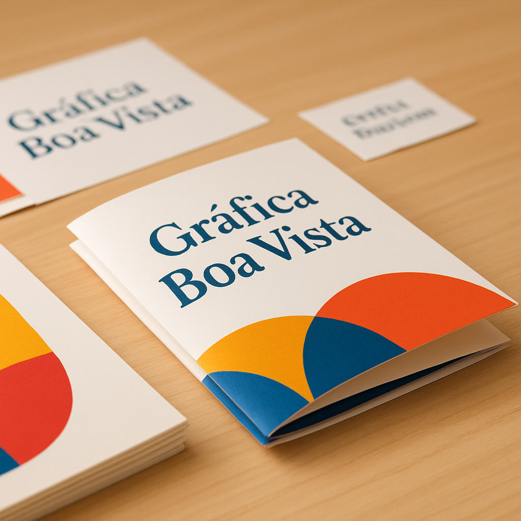 Gráfica em Curitiba com encarte promocional personalizado sobre a mesa e equipamentos de impressão ao fundo