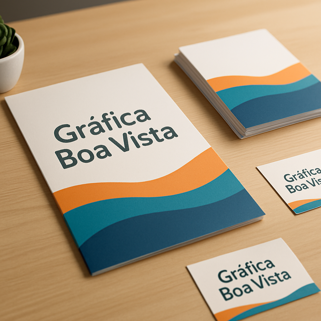 Gráfica em Curitiba com encarte promocional personalizado sobre a mesa e equipamentos de impressão ao fundo