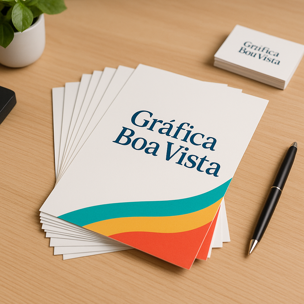 Gráfica em Curitiba com amostras de folheto personalizado sobre a mesa