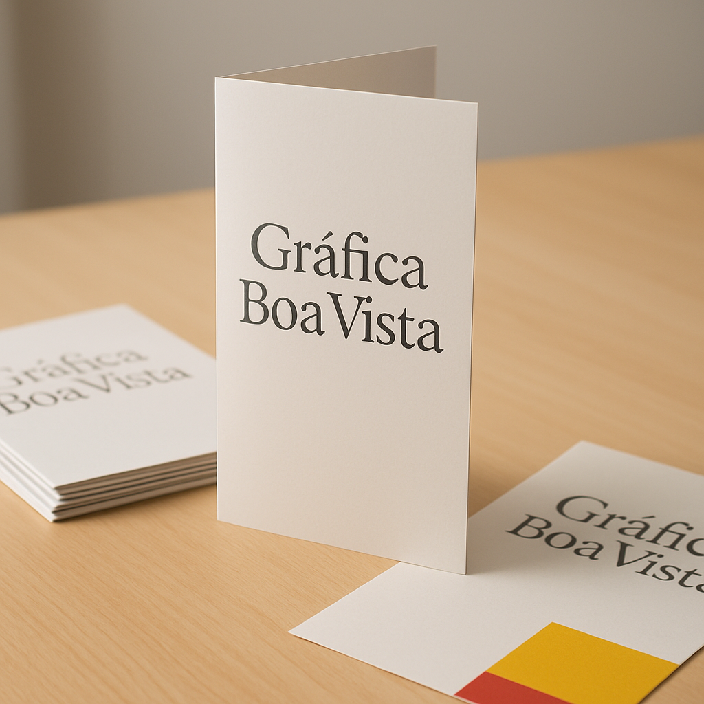 Gráfica em Curitiba com amostras de folheto personalizado sobre a mesa