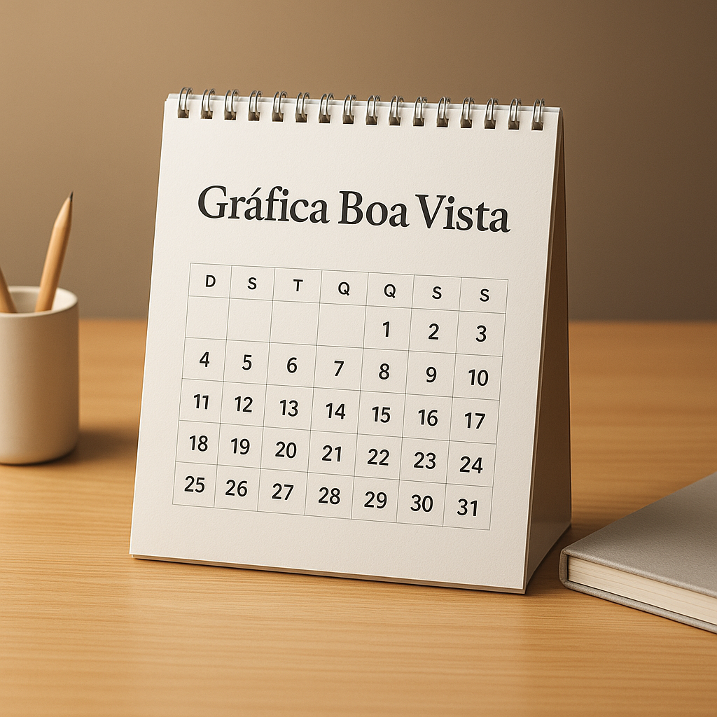 Folhinha de Parede personalizado pendurado em ambiente de escritório, mostrando um produto gráfico de Curitiba